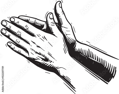 Woodcut Illustration of Clapping Hands in Black and White Style
