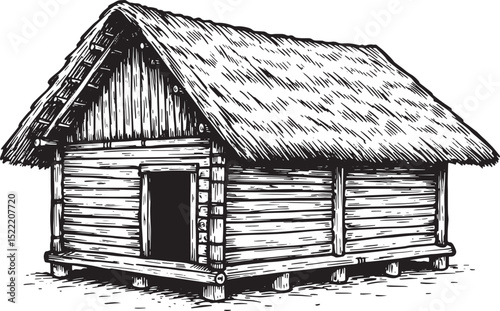 Rustic hand-drawn illustration of a vintage tribal hut with that