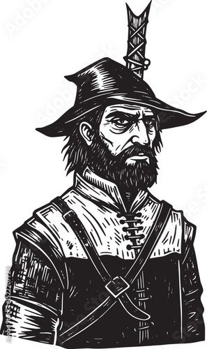 Intense gaze of medieval witch hunter, captivating woodcut illus