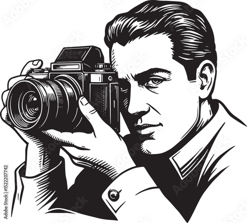 Vintage photographer in action with retro camera in monochrome i