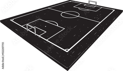 Monochrome woodcut illustration of a football field providing a