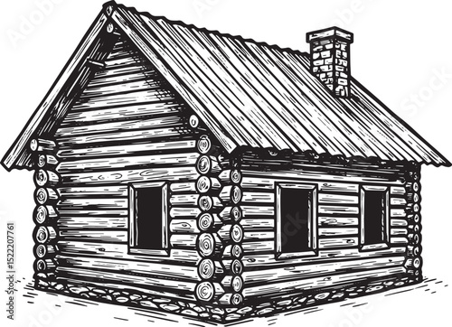 Rustic Log Cabin Woodcut Illustration, A Charming Black and Whit