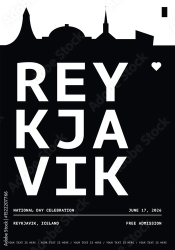 Reykjavik typography minimalist vector poster for national event, public holiday, independence day, summer festival layout. Brochure, leaflet, flyer, presentation image template for Iceland