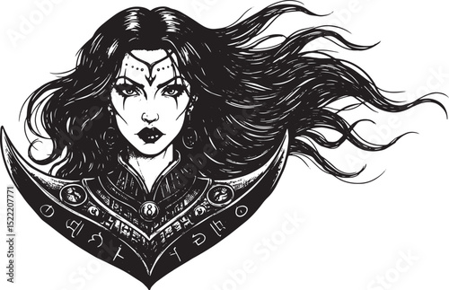Enchanting Wicked Sorceress, A Detailed Woodcut Illustration of