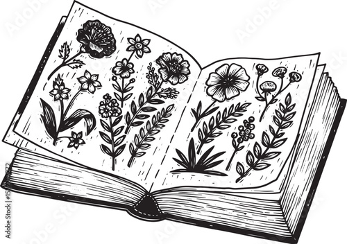 Botanical illustration in an open journal, black and white flora
