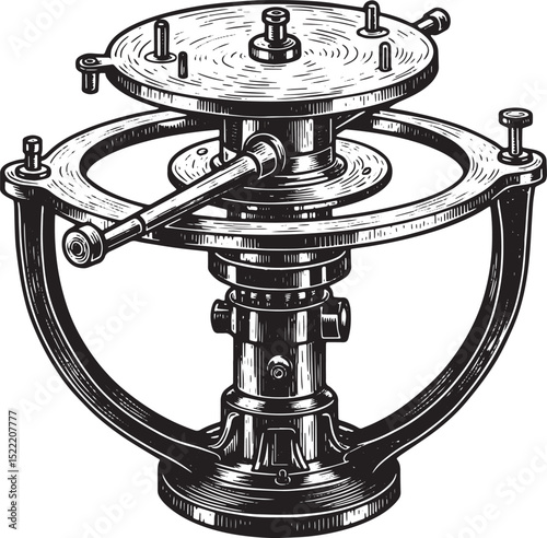 Detailed woodcut illustration of a vintage gyroscope instrument