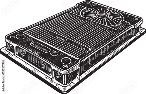 Detailed woodcut illustration of a rectangular cooling pad compo