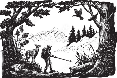 Monochrome woodcut illustration of a hiker in a scenic mountain