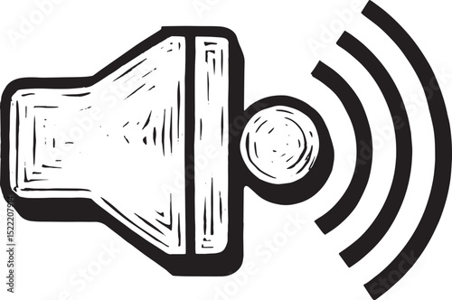 Monochrome Illustration of a Woodcut Speaker Icon with Sound Wav