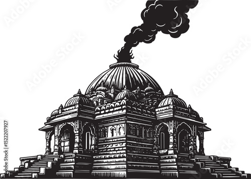 Monochrome Woodcut Illustration of a Fire Temple with Rising Smo