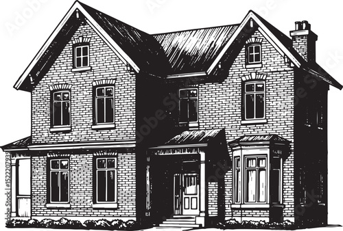 Detailed Woodcut Style Illustration of a Classic Two-Story House