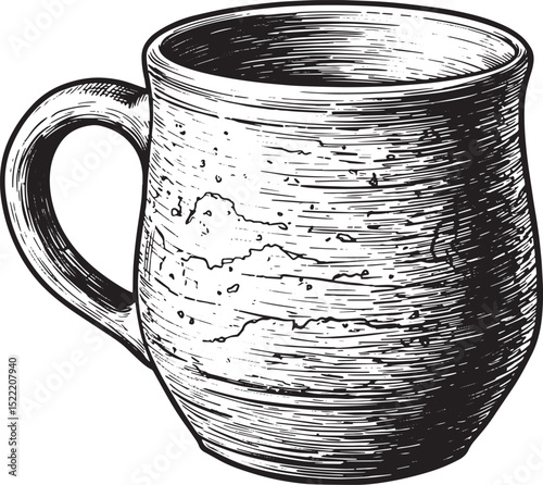 Detailed woodcut illustration of a handcrafted clay mug with a h