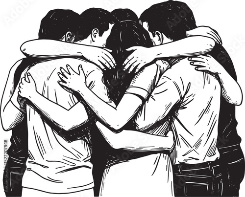 Expressive woodcut drawing featuring a group embrace emphasizing