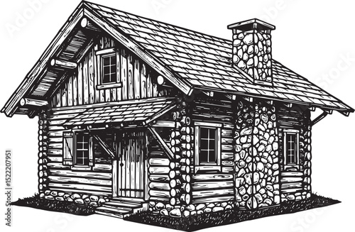 Detailed Woodcut Illustration of a Rustic Chalet with Stone Chim