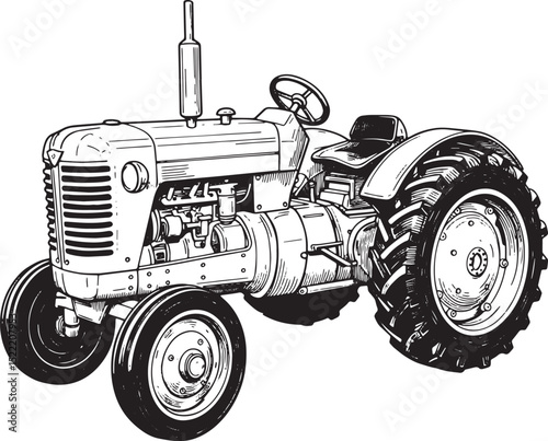 Vintage Farm Equipment Illustration, Classic Tractor in Black an