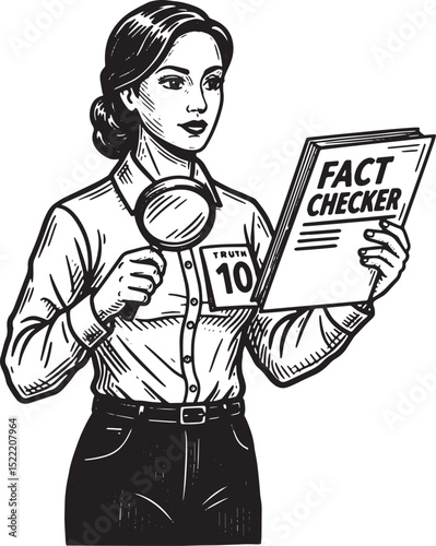 Vintage style illustration of a fact checker examining documents