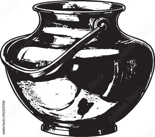 Detailed Woodcut Style Illustration of a Shiny Golden Pot with H