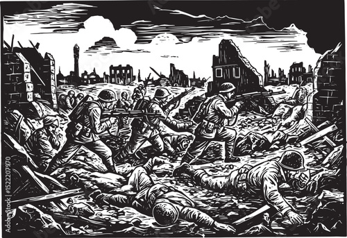 Intense Black and White Woodcut Illustration of Soldiers in Comb