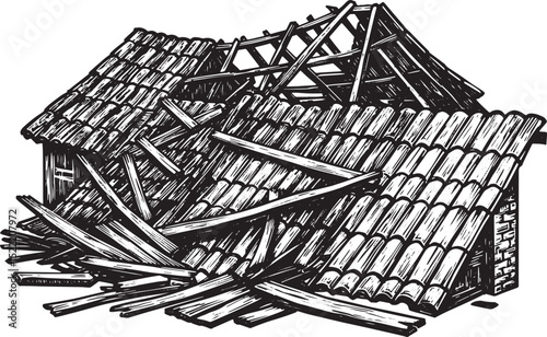 Monochrome woodcut illustration of damaged house with collapsed