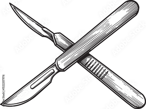 Detailed woodcut drawing of crossed surgical scalpels in monochr