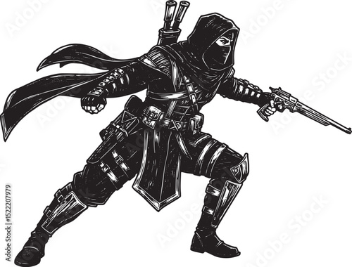 Detailed Woodcut Illustration of a Stealthy Rogue Elite Characte