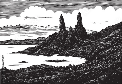 Monochrome Woodcut Illustration of the Isle of Skye's Rugged Lan