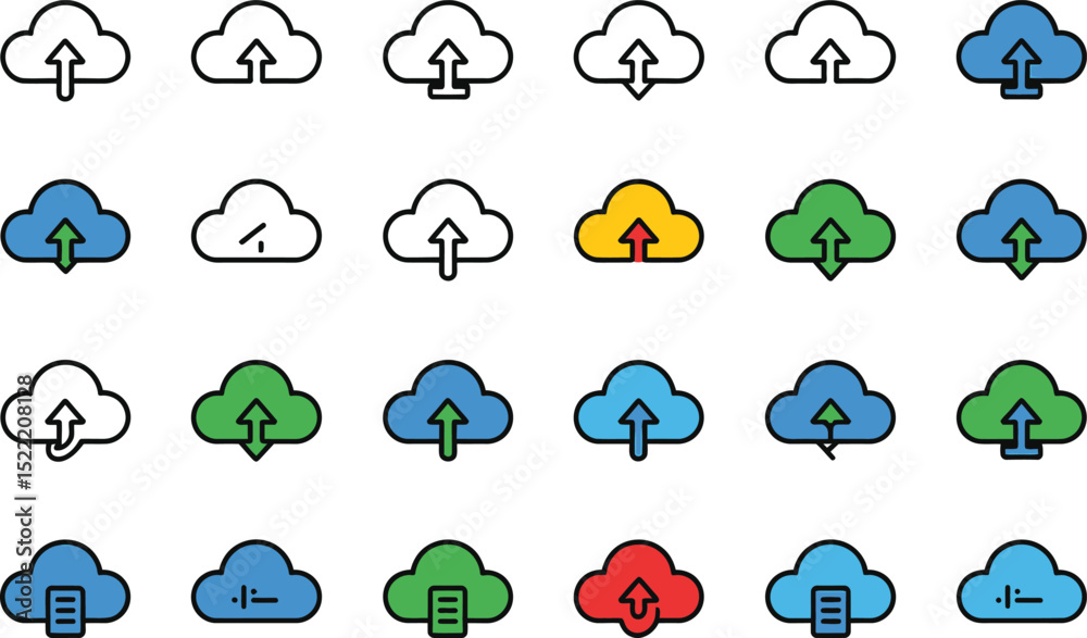 Obraz premium Colorful cloud storage upload icons set for digital services and applications