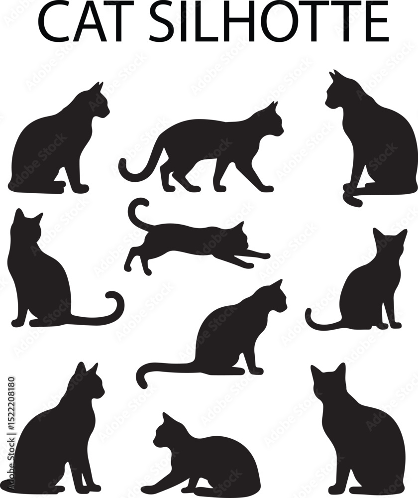 Set of 8 Black Cat Silhouettes in Various Poses on White Background – Vector Illustration Set of 8 Black Cat Silhouettes in Various Poses on White Background – Vector Illustration