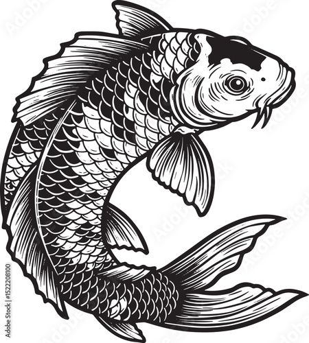 Intricate Japanese Koi Carp Drawing, Black and White Woodcut Sty