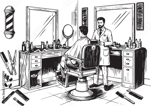 Vintage barbershop scene with traditional equipment and grooming