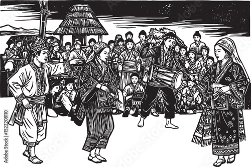 Detailed Woodcut Illustration of a Vibrant Cultural Performance