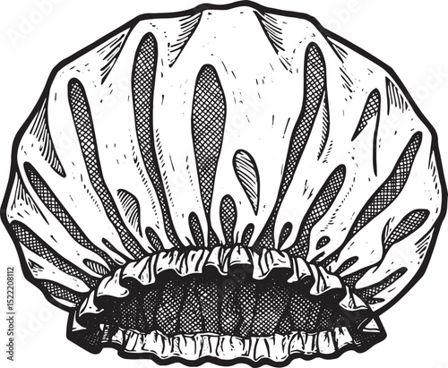 Elegant woodcut illustration of a shower cap in black and white