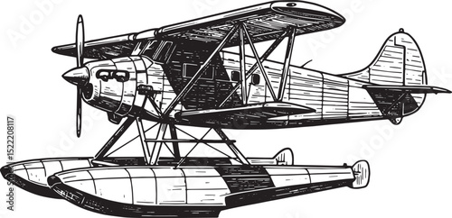 Detailed Woodcut Illustration of a Classic Seaplane in Black and