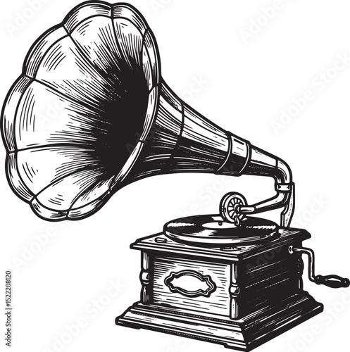 Vintage Phonograph Player Woodcut Illustration for Music Enthusi