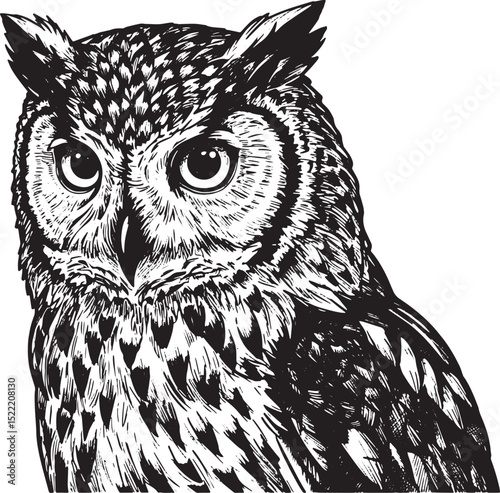 Detailed Woodcut Illustration of an Owl with Striking Black and