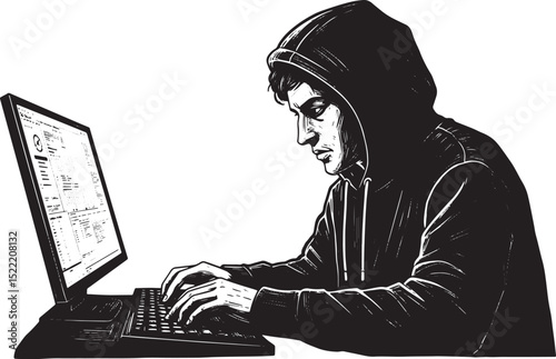 Intense Hacker Illustrated in Detailed Woodcut Style Illustratio