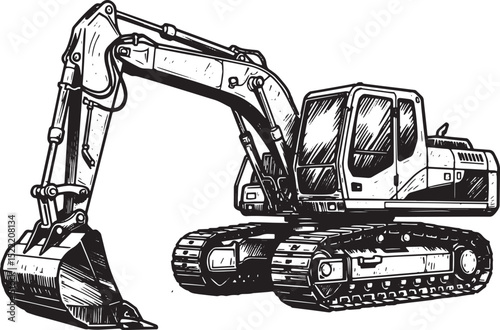 Monochrome Woodcut Illustration of a Digger Truck with Intricate
