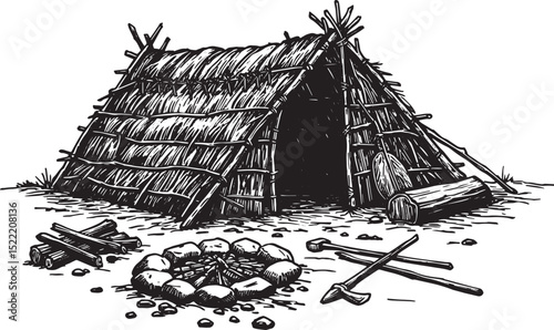 Monochrome Illustration of a Rustic Shelter and Campfire Scene i