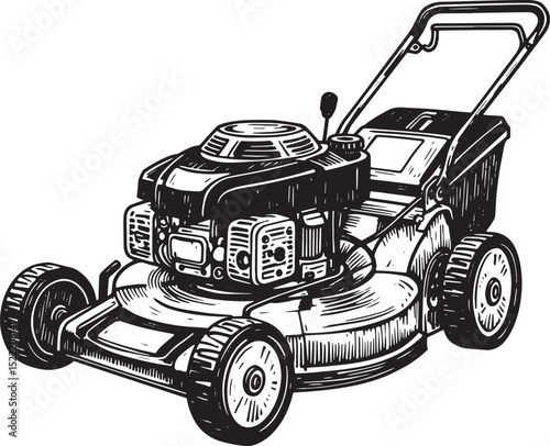 Monochrome woodcut drawing of a lawnmower for vintage lawn care