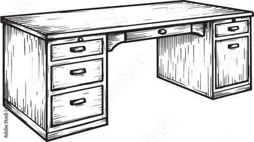 Monochrome Woodcut Illustration of a Vintage Work Desk with Draw