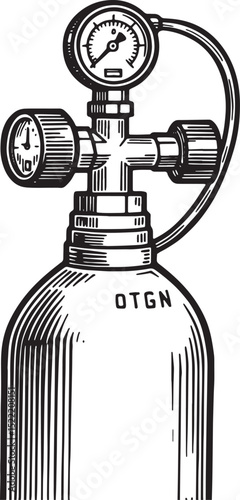 Black and White Illustration of a Vintage-Style Oxygen Tank with