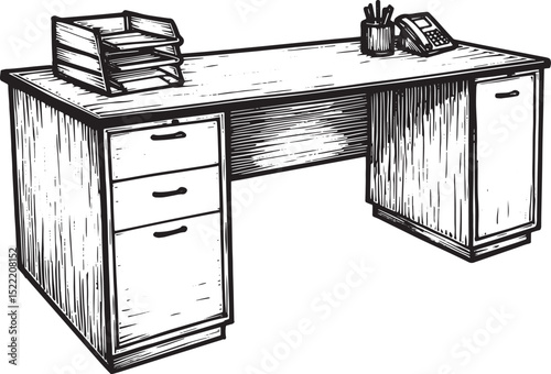 Black and White Woodcut Illustration of a Traditional Office Des