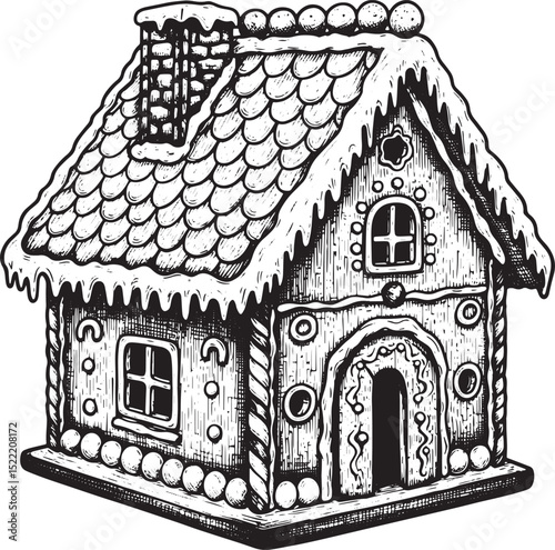 Detailed Woodcut Illustration of a Festive Gingerbread House wit
