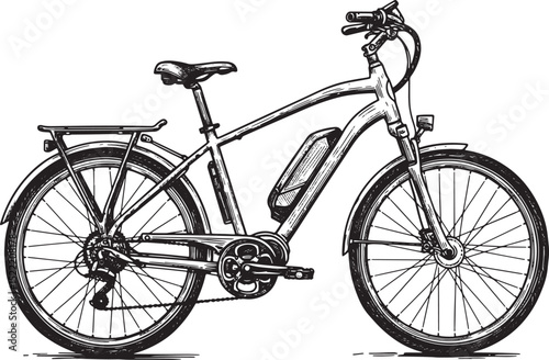 Black and white vector drawing of an electric bicycle for eco co