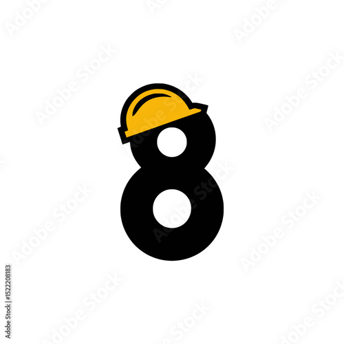 Number 8 Logo with Yellow Construction Helmet, Bold and modern number 8 logo topped with a yellow hard hat, representing construction, industrial work, and safety branding themes.

