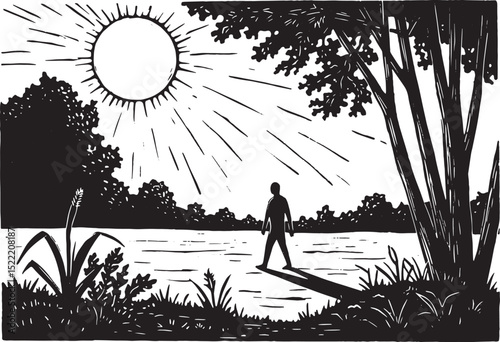 Serene Lakeside Solitude, Woodcut Style Illustration of a Person