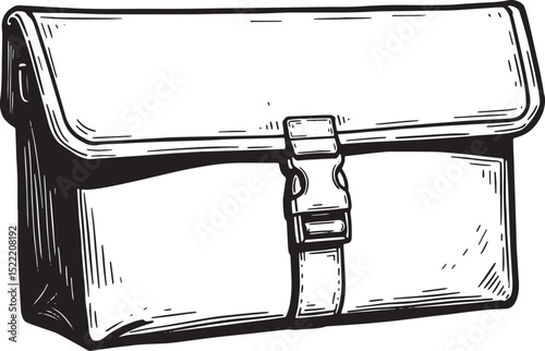 Monochrome vintage illustration of a courier bag with buckle fas