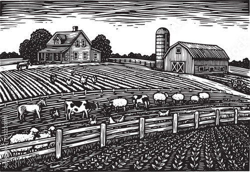Monochromatic Farm Scene in Detailed Woodcut Style, a Rural Illu