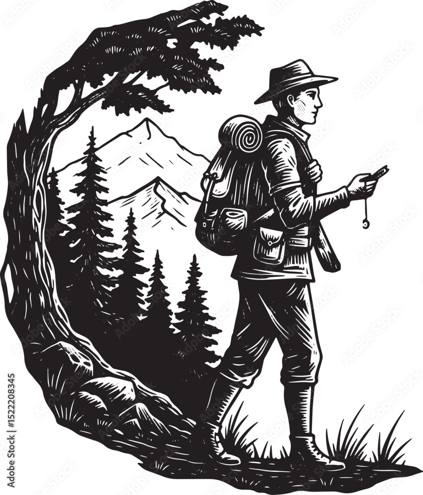 Monochrome woodcut illustration of a hiker navigating with a com