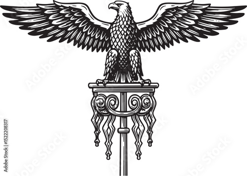 Majestic monochrome illustration of an eagle on a classical pede